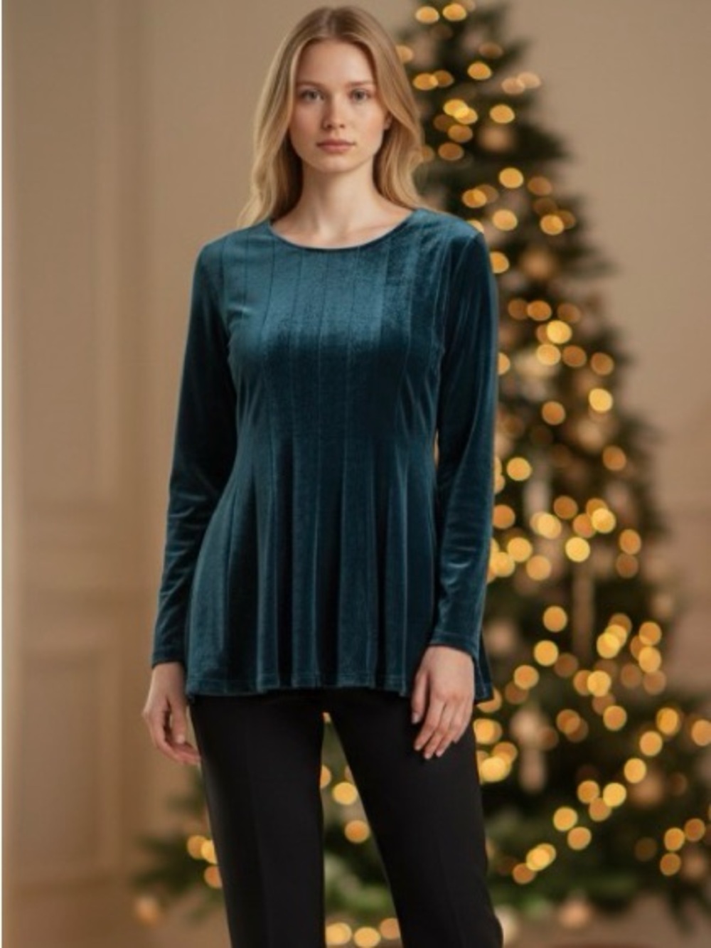 Soft Surroundings Bella Rosa Velvet Tunic Babydoll Top Teal Blue Pintuck Size XS
